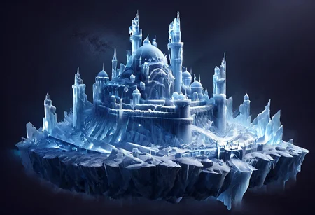 DarkFantasy, ice, ais-icebaby, made of ais-icebaby, dark, chiaroscuro, low-key, ((castle)), 3 towers,towers, kaiyomuseum, scenery, water, building, moon ice, skyscraper, city, city lights, reflection, neon lights, ice_art, ice, matchcraft floating island, sky , star,(((matchcraft floating island))), ((islands floating))