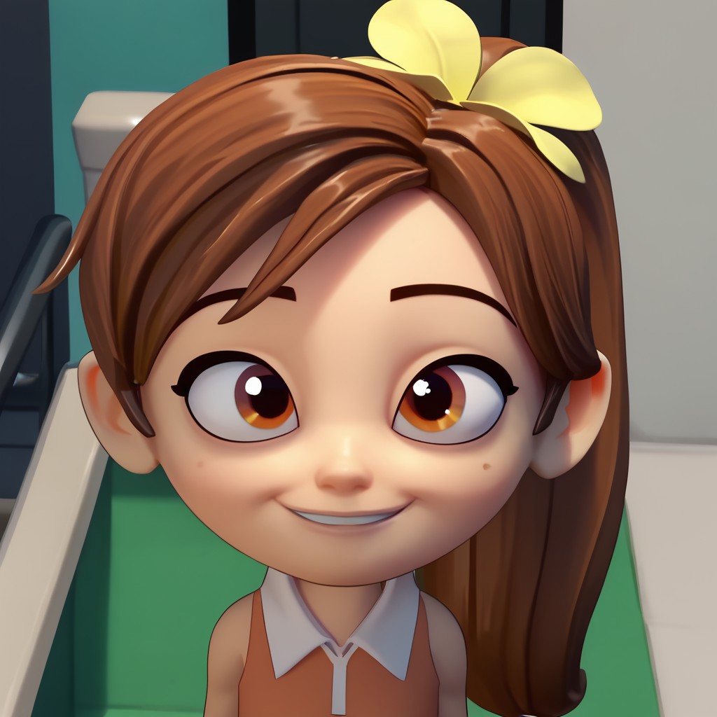 score_9, score_8_up, score_7_up BREAK SunnySpell, 1girl, brown hair, ponytail, brown eyes, yellow flower scrunchie, sleeveless white-collared orange shirt, face closeup, face view, cgi, source_cgi, girl, girl focus, smiling,