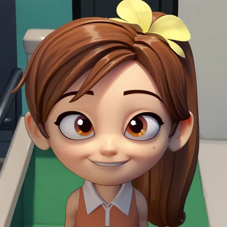 score_9, score_8_up, score_7_up BREAK SunnySpell, 1girl, brown hair, ponytail, brown eyes, yellow flower scrunchie, sleeveless white-collared orange shirt, face closeup, face view, cgi, source_cgi, girl, girl focus, smiling,