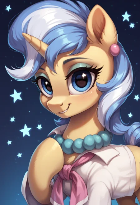 score_9, score_8_up, score_7_up, score_6_up, score_5_up, score_4_up, my little pony, ((feral pony)), 1girl, ((solo)), (sexy),beautifully detailed, (detailed cute pony face), ((detailed blue starry background:1.5)), ((woman)), high angle, (cute smile:1.0), ((up-close)) 1girl, ((solo)), (sexy), full body, <lora:Upper Crust:1>Upper Crust, unicorn
<lora:OtherStyle_01:1> <lora:Wholesome_MLP-v1.0:1>
