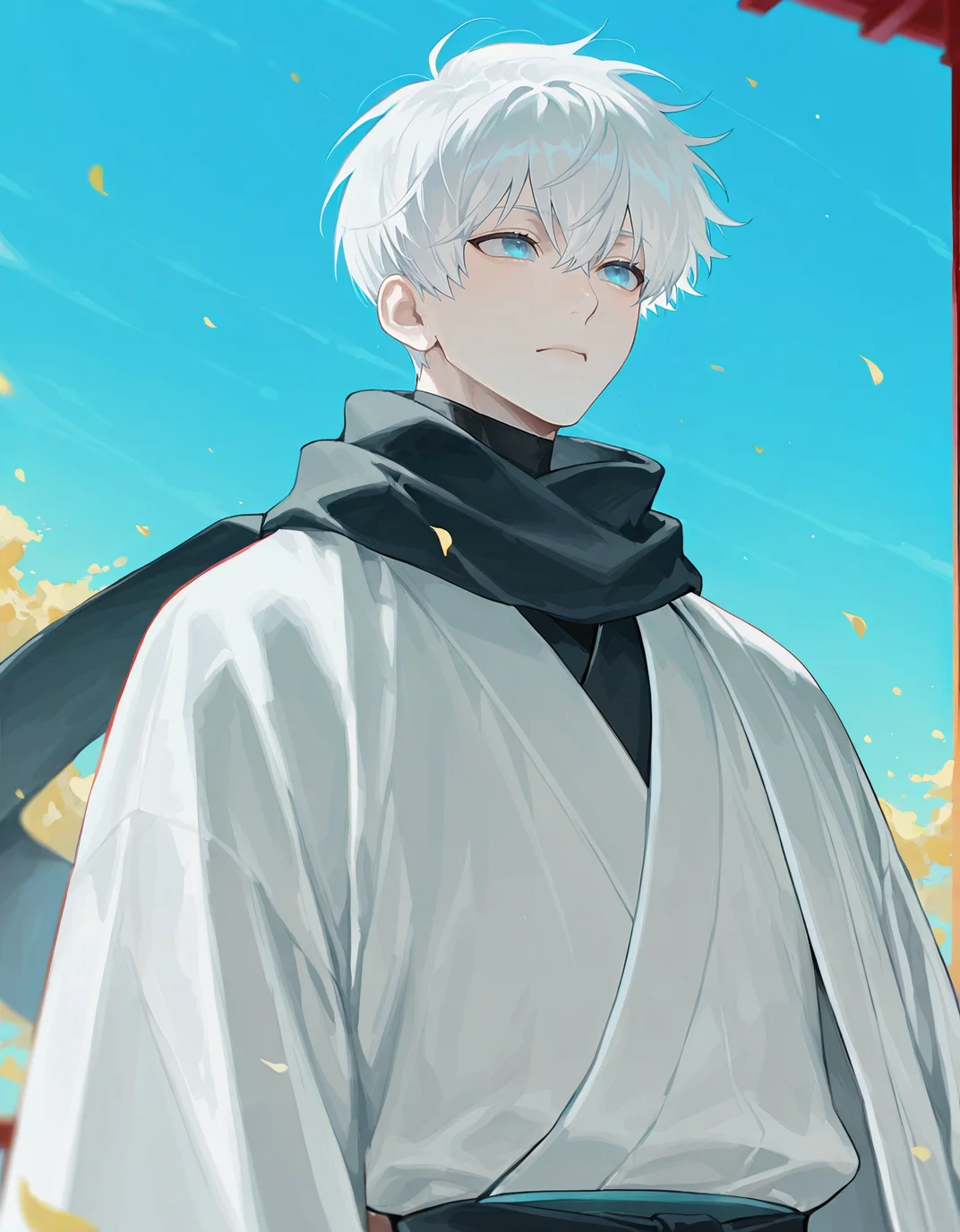 masterpiece, best quality, newest, highres, absurdres, <lora:bl4ckb0x_illu:1>, bl4ckb0x_style, 1boy, male focus, solo, blue eyes, white hair, japanese clothes, short hair, scarf, sky, petals, kimono, wide sleeves, closed mouth, bangs, white kimono, black scarf, outdoors, shirt, day, hair between eyes