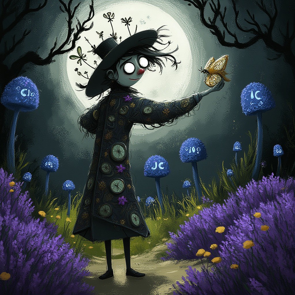 A whimsical illustration of a peculiar clockmaker with accordion-like stretched limbs in dark whimsical art style, wearing a patchwork coat made of mismatched fabric with tiny ticking clocks sewn all over it, their impossibly long fingers delicately hold a mechanical butterfly with gear wings, digital painting with intricate brushstrokes showing textures of different materials, standing among purple lavender and glowing blue mushrooms that tick in time with the clocks, characteristic Tim Burton inspired design with enormous heterochromatic eyes (one silver like a moon, one gold like a gear) that seem to spin hypnotically like clock hands, wild gravity-defying hair sprouting tiny windable keys, a crooked top hat balanced precariously on top with dangling watch chains, moonlit Victorian garden background with twisted topiary in shapes of timepieces, the character's gentle mysterious smile suggests they know secrets about time itself