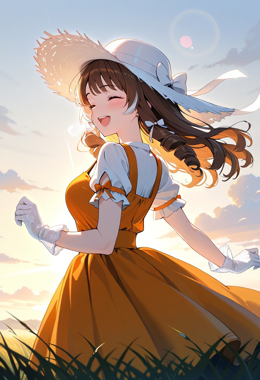 masterpiece, best quality, amazing quality, girl, brown hair, portrait shot, long hair, ringlets hair, bangs, medium breasts, 8k, highest quality, ultra details,1girl, solo, 
Southern Belle, (orange:1.4) hoop skirt dress, cinched waist, short sleeves, white
 hair bow, white hair ribbons, white wide brim straw hat, medium breasts, white silk gloves, blush, happy, laughing, closed eyes, hair blowing in the wind, dress blowing in the wind, sunny day, summer season, running, through a grassy field, fluffy white clouds, lens flare, outdoors, warm colors, warm lighting, from the behind