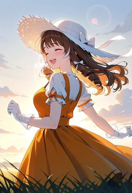 masterpiece, best quality, amazing quality, girl, brown hair, portrait shot, long hair, ringlets hair, bangs, medium breasts, 8k, highest quality, ultra details,1girl, solo, 
Southern Belle, (orange:1.4) hoop skirt dress, cinched waist, short sleeves, white
 hair bow, white hair ribbons, white wide brim straw hat, medium breasts, white silk gloves, blush, happy, laughing, closed eyes, hair blowing in the wind, dress blowing in the wind, sunny day, summer season, running, through a grassy field, fluffy white clouds, lens flare, outdoors, warm colors, warm lighting, from the behind