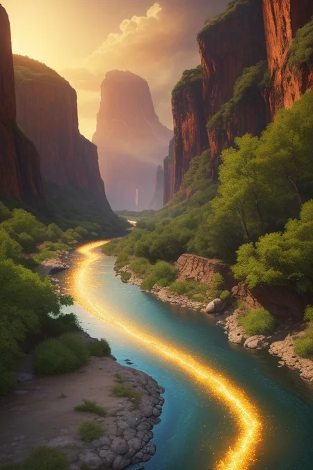 (ultra high res:1.4), (masterpiece), (beautiful lighting:1.4) , ((scenery)), raw movie poster, (masterpiece, best quality:1.5), masterpiece, best quality, high quality,extremely detailed CG unity 8k wallpaper, (ultra high res:1.4), (masterpiece), (beautiful lighting:1.4) , (RAW photo, 8k uhd, Analog style, Masterpiece, Best Quality, Highres:1.4), (dramatic, cinematic:1.2), A river that flows with water that shines like liquid gold, winding through the landscape and casting a warm, magical glow.
