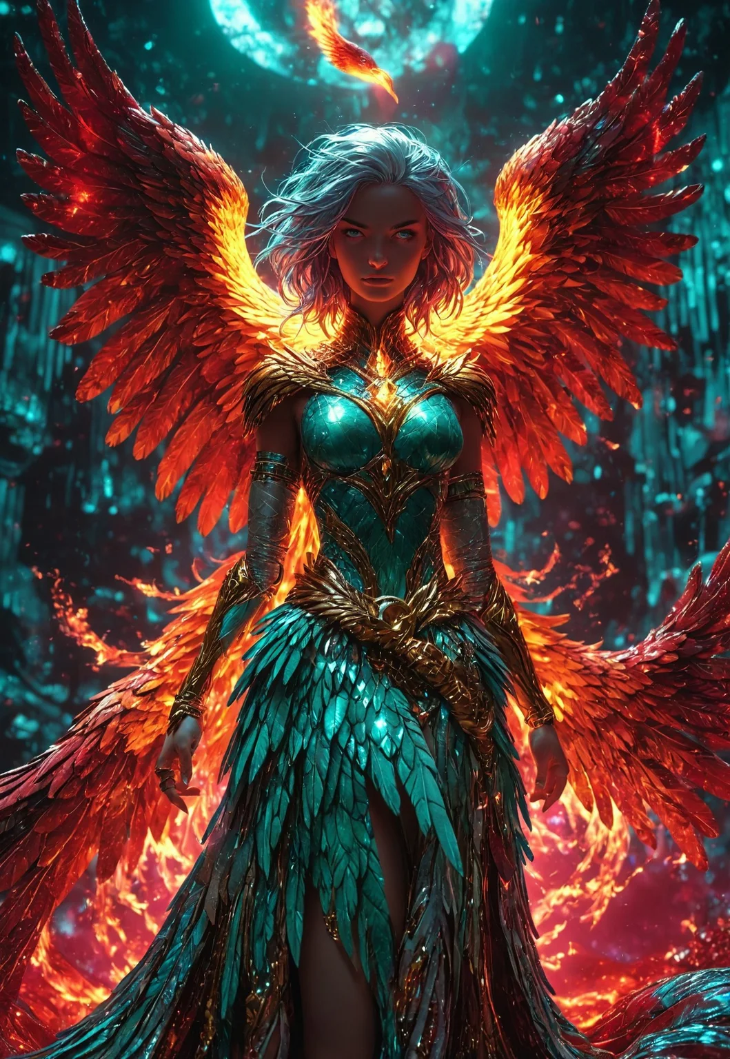 A human female, shapeshifter, turning into a phoenix, a mythological anthropomorphic bird, Grunge, Hyperrealism, Overhead Lighting, RGB Lighting, Sony A7R IV, Ultra Wide Angle Lens, Silver Color, Ruby Color, Teal Color, Gold, Liquid Crystal, Optical Fiber, Fantasy, Quasar Quilt Backdrop, Prism Effect, 8k, By Roy Lichtenstein, midjourneyv6.1, LegendDarkFantasy
