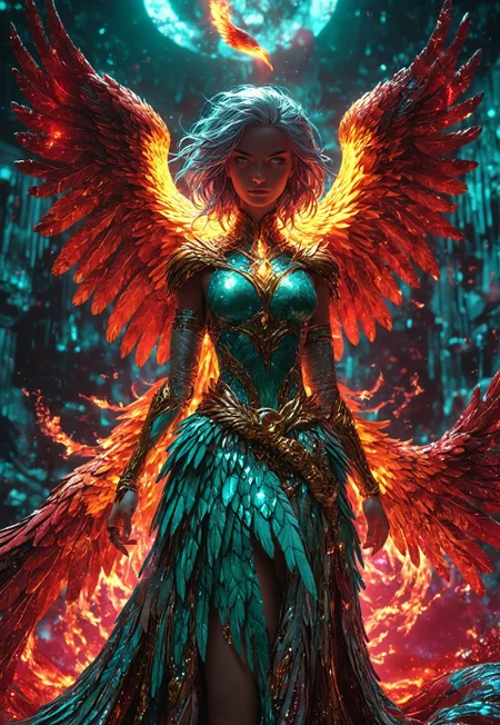 A human female, shapeshifter, turning into a phoenix, a mythological anthropomorphic bird, Grunge, Hyperrealism, Overhead Lighting, RGB Lighting, Sony A7R IV, Ultra Wide Angle Lens, Silver Color, Ruby Color, Teal Color, Gold, Liquid Crystal, Optical Fiber, Fantasy, Quasar Quilt Backdrop, Prism Effect, 8k, By Roy Lichtenstein, midjourneyv6.1, LegendDarkFantasy