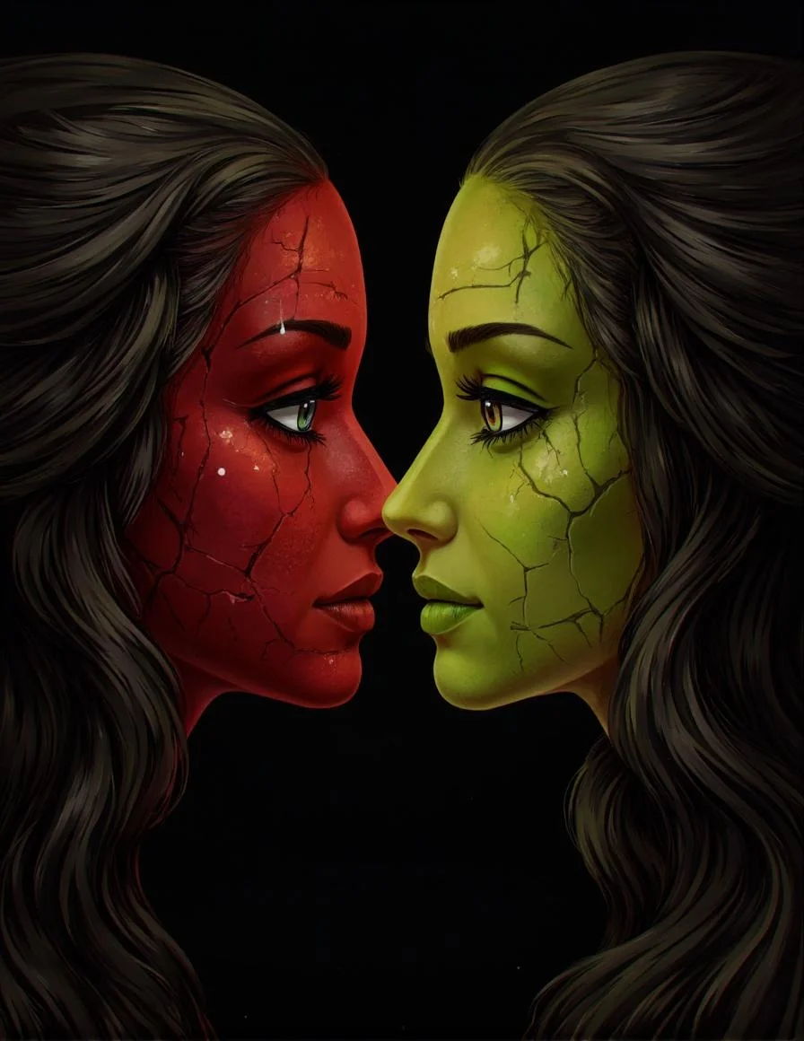 <lora:ck-LttleGhost-000011.safetensors:1> in the style of ck-lttlegh0stTwo identical women, their profiles mirroring each other, stand in stark contrast to the dark background. Their faces are cracked and chipped, with one half painted red and the other green-yellow. The artist's attention to detail is stunning, with realistic textures rendering each strand of hair and eyelash with precision.