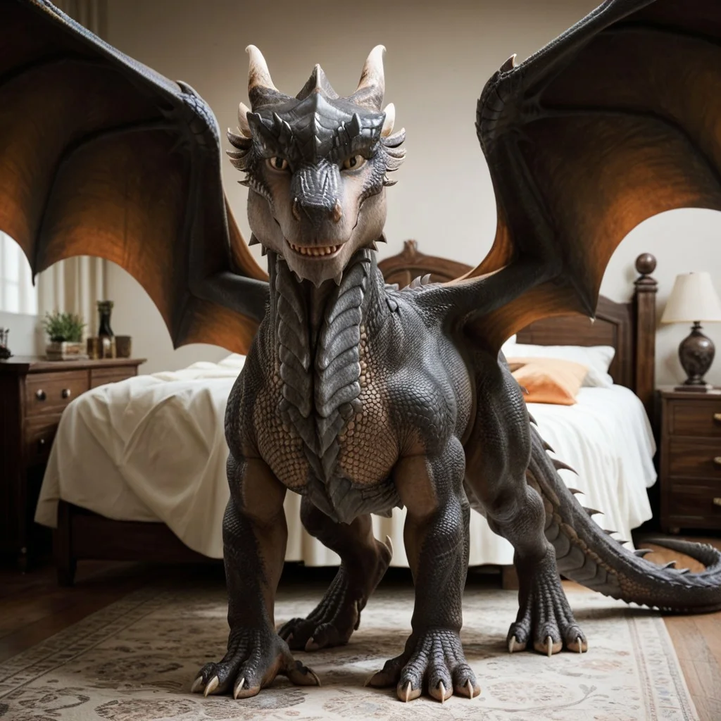 score_9, score_8_up, score_7_up, score_6_up, score_5_up, score_4_up, masterpiece, high quality, realistic, detailed, best quality, solo, rating_safe, source_furry, bedroom, standing, spread wings, smiling, seductive pose, looking at viewer, full body, drago_dh, dragon, gray scales, wings, horns, tail, claws, male, 1boy, hazel eyes, feral