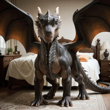 score_9, score_8_up, score_7_up, score_6_up, score_5_up, score_4_up, masterpiece, high quality, realistic, detailed, best quality, solo, rating_safe, source_furry, bedroom, standing, spread wings, smiling, seductive pose, looking at viewer, full body, drago_dh, dragon, gray scales, wings, horns, tail, claws, male, 1boy, hazel eyes, feral