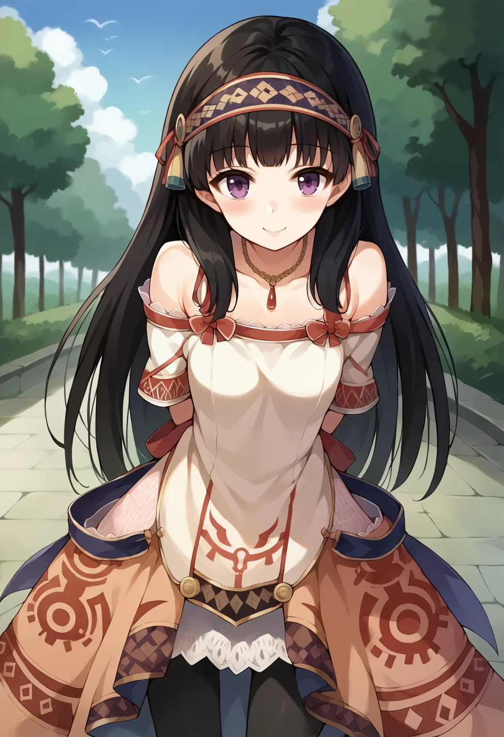 score_9, score_7_up, hd, (ultra hd quality details), source_anime, outdoors,
solo, 1girl, atslstera, long hair, hairband, purple eyes,
slsteradef, print dress, off-shoulder dress, necklace, bare shoulders, black pantyhose,
looking at viewer, blush, smile,
arms behind back, leaning forward,
<lora:_shallistera_argo-elesico-ponyB:1>