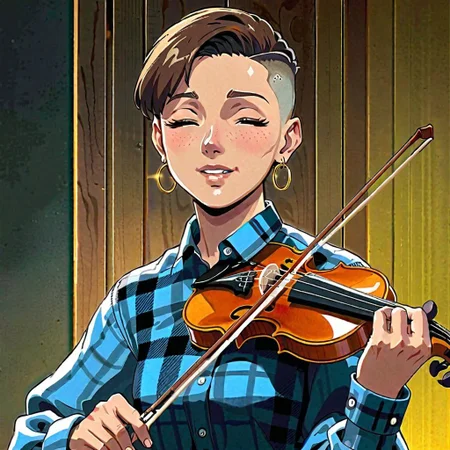(best quality, masterpiece), canadian is playing violin, big gold ring shaped earrings, ultra short brown hair with shaved sides and shaved temples, shaved temples, plaid blue-black shirt, grey trousers, freckles, charming half-smile, brown smiling eyes half closed, small nose