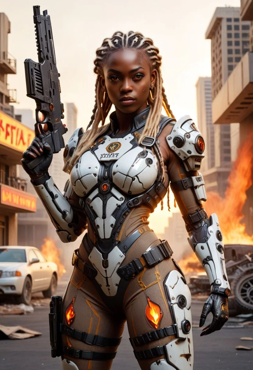 Masterpiece, Sexy Ethiopian woman , african girl, darkskin, hazel eyes, big eyes, (((long blonde dreadlocks)), ((braided hair on sides)) , tattoo on arm, (((wide hips)))), ((semi muscular body)), (fire elemental), wearing a sleek white cybernetic jumpsuit with black highlights, commanding and threatening expression, cutting-edge tactical gadgets, razor-sharp wit, illegal tech and weapon, (destroyed city after nuclear blast), standing in front of a warzone Las Vegas Hotel, (post apocalyptic), RAW photo, photorealistic, analog style, subsurface scattering, photorealism, absurd res), ((closeup)),, athletic body, toned abs,,OverallDetail, KodakPhotoMaybe, big tits, ohwx woman, cowboy shot ,falloutlandsdxl, falloutgun, mad-bdyarmr, dirty and worn armor,slcn breasts, , falloutlandsdxl, Asian-Less2-Neg, holding gun, rifle, futuristic motorbike in the background, sunset, fire elemental