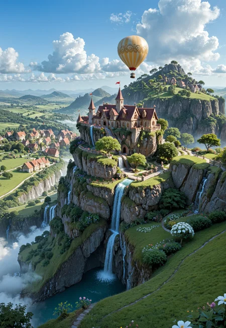 a whimsical scene of a floating island high above the clouds. The island should be lush and green, with waterfalls cascading over the edges and rainbows arcing through the mist. Include a small, enchanting village with houses built from natural materials, and gardens filled with exotic flowers. Depict hot air balloons and flying creatures, such as dragons and griffins, soaring around the island. Add a sense of magic and wonder with glowing orbs of light and mystical creatures roaming freely. Ensure the overall atmosphere is dreamlike and captivating, transporting viewers to a fantastical world above the clouds.
<lora:add-detail-xl:1>
<lora:Dynamic Poses:1>