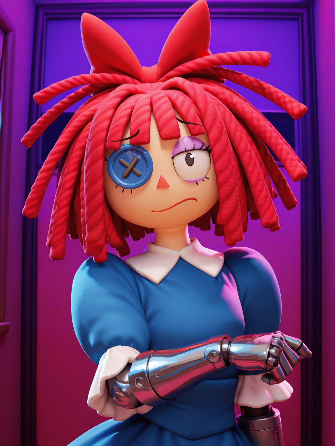 <lora:dollIL:0.5> d_ll, 1 girl,rag-doll, red yarn-like hair, flat orange triangular nose, button eye and black pupil in actual eye, bow in hair,
looking at viewer, cyberpunk, augmentations, prosthetic, metal arm, GLOWING CYBERNETIC EYE,difficult background, at night, dynamic pose, upper body