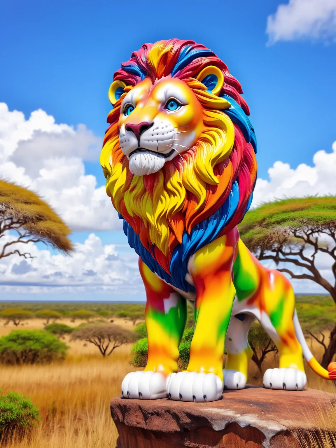 ais-colorfulplastic lion proudly looking out over the savannah <lora:Colorful_Plastic_SDXL:1>