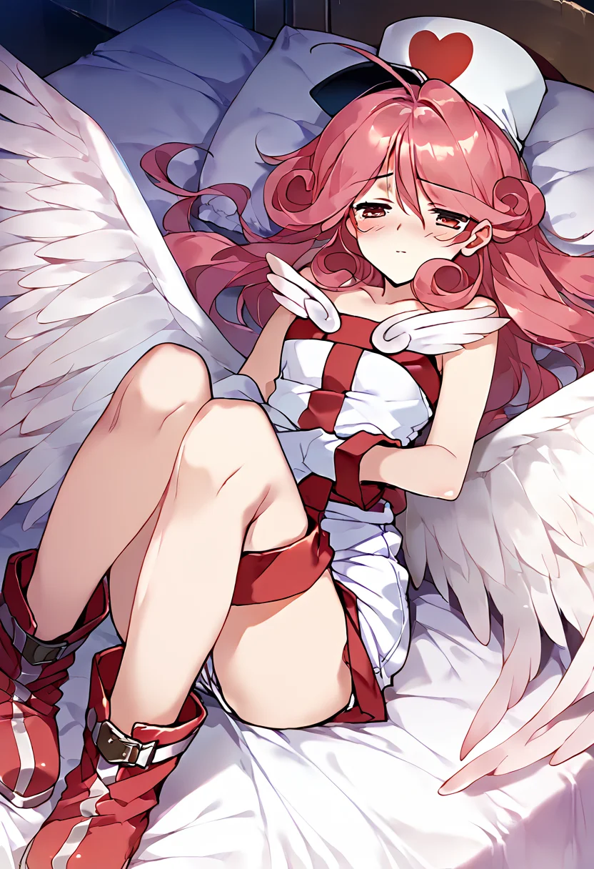 score_9,score_8_up,score_7_up,source_anime,zPDXL3,
*//*,<lora:InjectionFairyLily_v1.0:1>,lily_ygo,1girl,wings,gloves,heart,nurse,boots,shorts,angel wings,
*//*,(game cg,moody lighting,cinematic lighting:1.2),night,novel illustration,bedroom,nervous,blush,half-closed eyes,lying,on back,(half undress,undressing:1.2),
