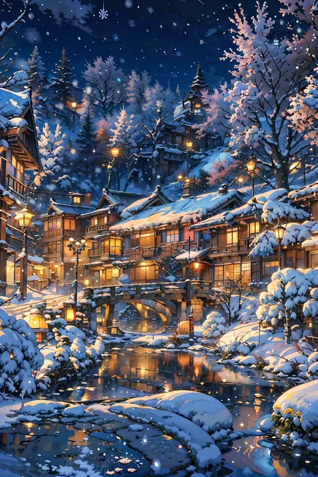 (masterpiece:1.3),(best quality:1.3),highres,vivid_color,colorful,ultra-detailed,masterpiece,extremely detailed CG unity 8k wallpaper,best quality,scenery,outdoors,<lora:Detailed_Places_R-128_v1:0.7>,snow,no humans,tree,outdoors,night,winter,building,east asian architecture,snowing,reflection,water,bridge,night sky,house,rock,bare tree,lamppost,lantern,