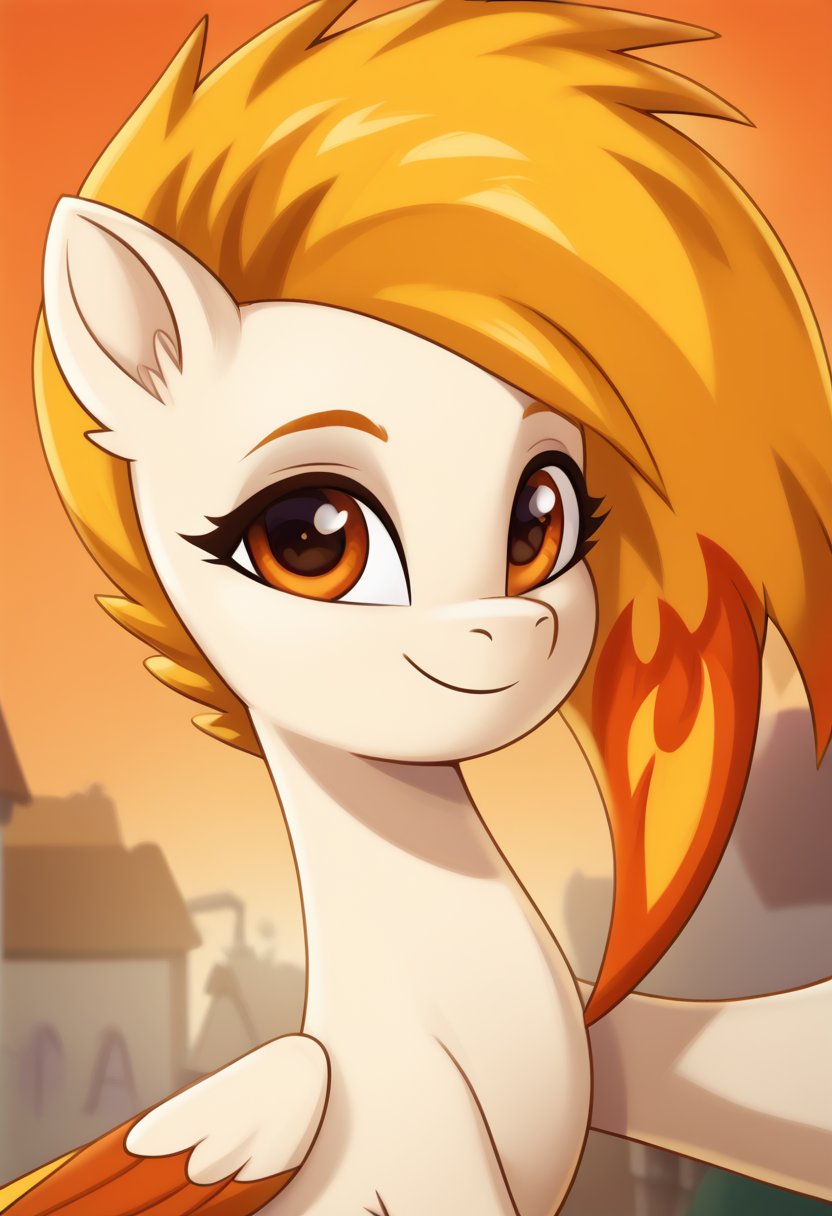score_9, score_8_up, score_7_up, score_6_up, score_5_up, score_4_up, my little pony, (((naked))),<lora:Flare:1.0>Flare,Pegasus,  The eyes are brown, the pony is like a pegasus, the body is cream-colored, the mane and tail are fiery orange and yellow, imitating flames, a sweet smile, the wings are painted in colors matching her mane and tail, 
1girl, ((solo)), (sexy), beautiful, detailed, (detailed cute pony face), detailed eyes, detailed fur, detailed hooves, beautiful, vector, flat colors, (beautiful long eyelashes), (beautiful hooves), ((coastal town background)), colorful background, (looking at you, looking at viewer:1.5), selfie, smiling, one eye closed, ((close-up)), high angle
<lora:Wholesome_MLP-v1.0:1> <lora:OtherStyle_01:1>