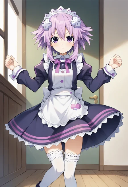 nepnep, short hair, hair ornament, thighhighs, long sleeves, dress, ribbon, hair between eyes, purple eyes, purple hair, frills, shoes, alternate costume, puffy sleeves, apron, white thighhighs, zettai ryouiki, maid, maid headdress, ribbon trim, white apron, mary janes, maid apron, enmaided, neptune \(neptune series\), <lora:Doom PonyXL Neptune:1>, looking at viewer, score_9, score_8_up, score_7_up, score_6_up, score_5_up, score_4_up , anime coloring ,BREAK source_anime, anime