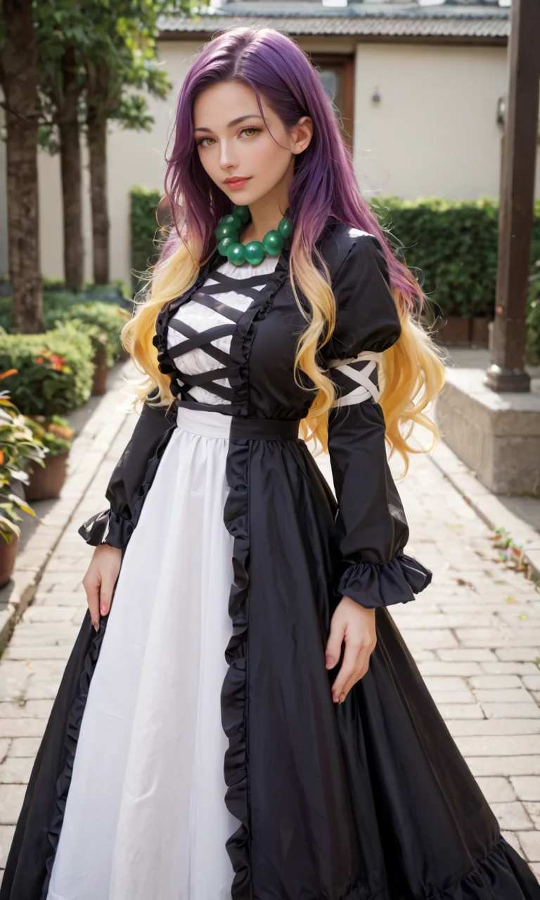 score_9, score_8_up, score_8, score_9, 1 girl, source_anime, hijiri byakuren, <lora:byakuren_hijiri_pony-10:0.8>, purple hair, blonde hair, two-tone hair, gradient hair, long sleeves, black dress, white dress, layered dress, cross-laced clothes, long hair, yellow eyes, bead necklace, cosplay photo, sexy, mature,