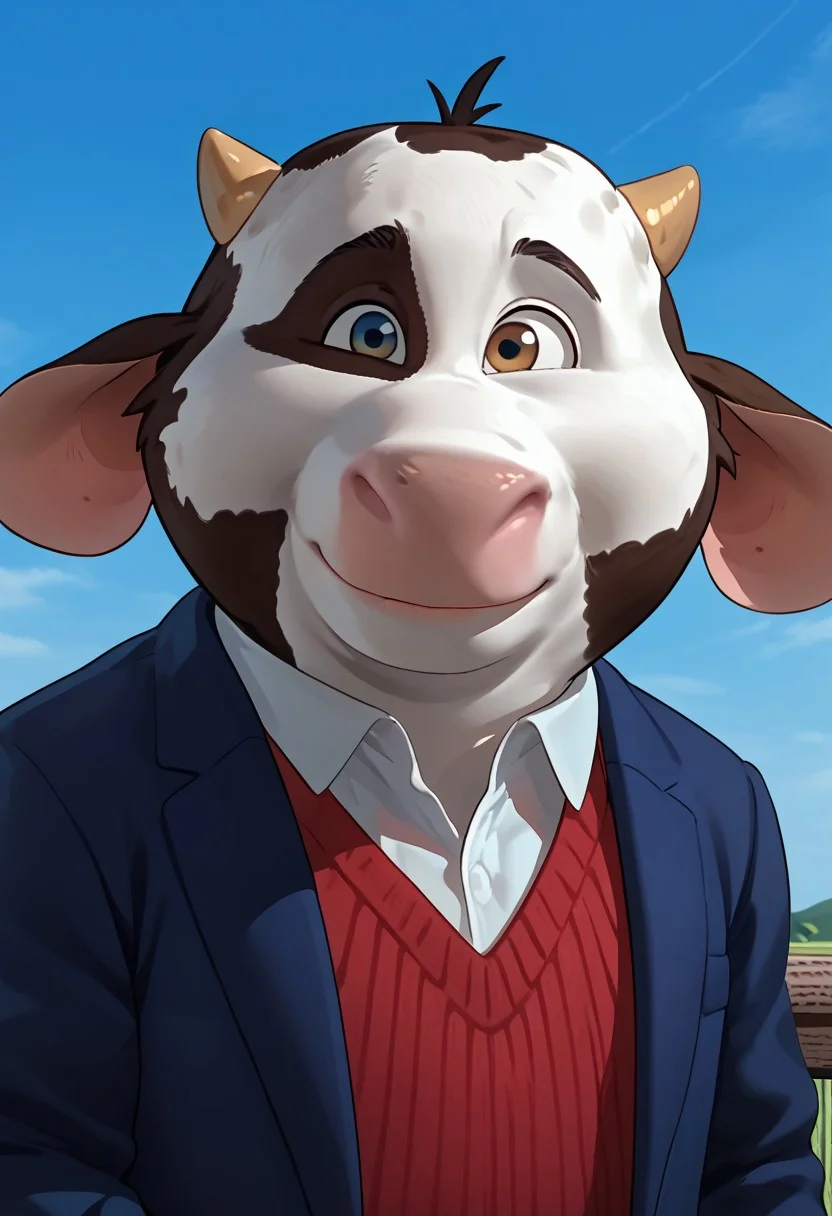 score_9, score_9_up, solo, 1boy, anthro, male, cow, pink nose, small horns, floppy ears, black and white fur, cow pattern fur, cow spots, white shirt, red jumper, brown shorts, blue blazer, brown hooves, cow tail, portrait, close shot, face close up, smiling, blue sky, Expressiveh