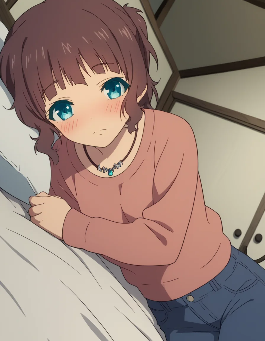score_9, score_8_up, score_7_up, source_anime,
akarisakishima, <lora:akari-sakishima-s1-ponyxl-lora-nochekaiser:1>,
akari sakishima, short hair, blue eyes, brown hair, ponytail,
jewelry, pants, necklace, denim, collarbone, long sleeves,
indoors, bed, bed room, on side, blush, drunk,
looking at viewer, cowboy shot, dutch angle, solo,