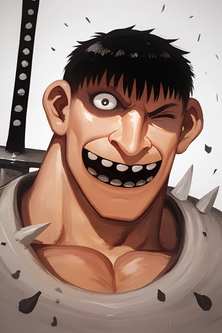 score_9, score_8_up, score_7_up, score_6_up, manga, sfw, 1boy, giant sword on his shoulder, male focus, (guts \(berserk\):1.2), berserk, <lora:lozhkin_pony:0.75> lozhkin, open mouth, big smile, accurate teeth with gaps, smile, mid shot, one eye closed, short black hair
