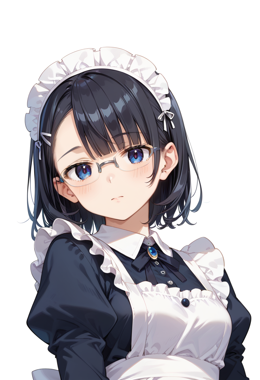 score_9, score_8_up, score_7_up, rating_safe, masterpiece, best quality, absurdres, unity 8k wallpaper, official art, official style, source_anime, uncensored, game cg, megami magazine,
1girl, solo, black hair, medium hair, upper body, covered eyes,maid, maid headdress, black dress, maid apron, face focus,
halfrim22A,  still life, white background, simple background, grey-framed eyewear,
 <lora:glasses_halfrim22A_PONY_V1:1>
