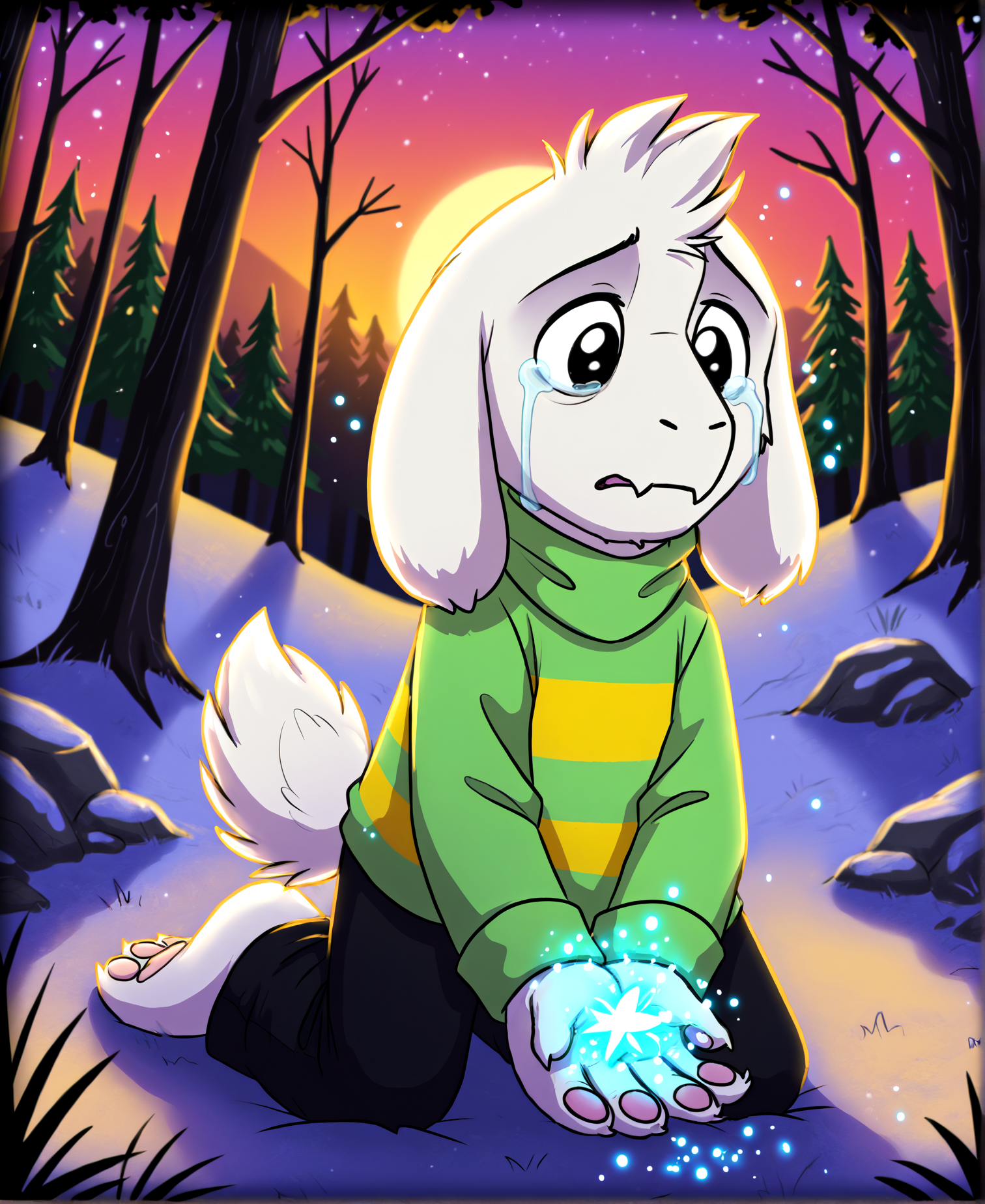 <lora:AsrielPony-000040:1> Asriel Dreemurr, undertale, boss monster, young, black eyes
pine forest, sunset BREAK
full-length portrait, (sad:1.2), crying, kneeling, casting magic, magic in hands, particles, low angle, BREAK
<lora:spo_sdxl_10ep_4k-data_lora_webui:1> score_7_up, perfect quality, best quality, detailed environment, clear composition, absurdres, very aesthetic, high resolution, newest (masterwork, masterpiece, hyper-detailed, 8k uhd)âââ