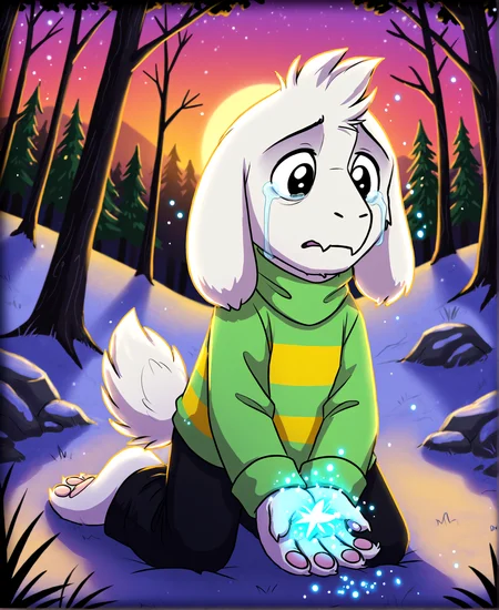 <lora:AsrielPony-000040:1> Asriel Dreemurr, undertale, boss monster, young, black eyes
pine forest, sunset BREAK
full-length portrait, (sad:1.2), crying, kneeling, casting magic, magic in hands, particles, low angle, BREAK
<lora:spo_sdxl_10ep_4k-data_lora_webui:1> score_7_up, perfect quality, best quality, detailed environment, clear composition, absurdres, very aesthetic, high resolution, newest (masterwork, masterpiece, hyper-detailed, 8k uhd)âââ
