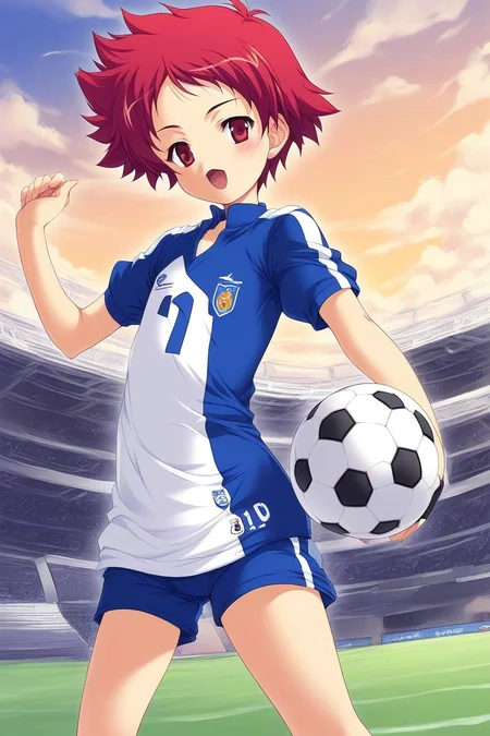 score_9, score_8_up, score_7_up, source_anime, rating_explicit, BREAK <lora:Tsurumi_Tsubasa_Ver2.0_XL:1> TsurumiTsubasa, solo, short hair, red hair, red eyes,
slant eyes, soccer uniform, soccer play, soccer ball. ground. outdoor, sky, standing,
Show less,