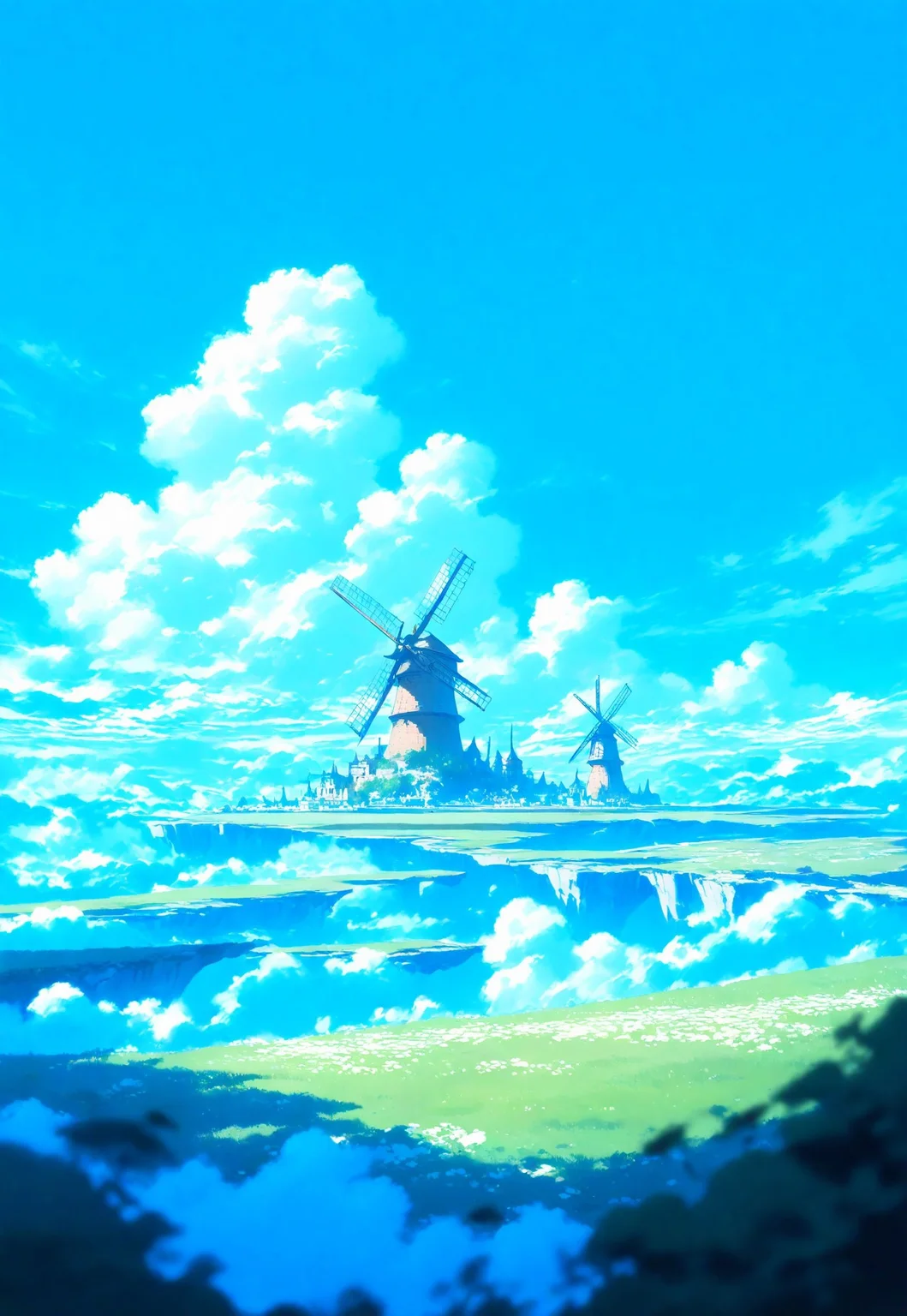 masterpiece, best quality, good quality, very awa, very aesthetic, absurdres, highres, floating island, sky, clouds, anime, scenery, windmill, windy, dreamscape, depth of field, (((masterpiece,best quality,newest,)))