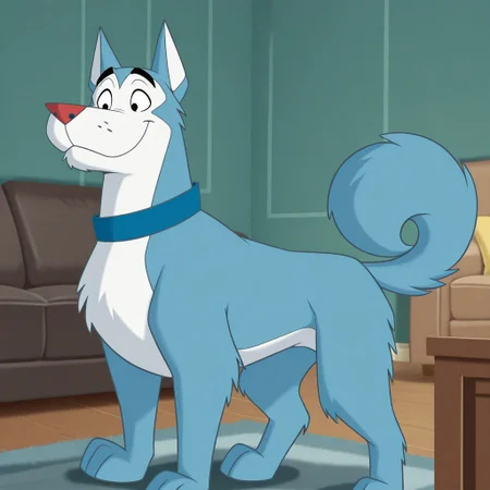 masterpiece, best quality, amazing quality, tuskyhusky, male, furry male, solo, dog, feral, blue fur, white fur, two-tone fur, black eyes, red nose, tail, blue collar, standing, smile, indoors, living room