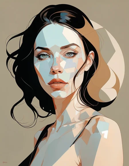 Minimalism, a portrait of a beautiful woman, abstract, simple geometic shapes, hard edges, sleek contours, art by Tomer Hanuka.