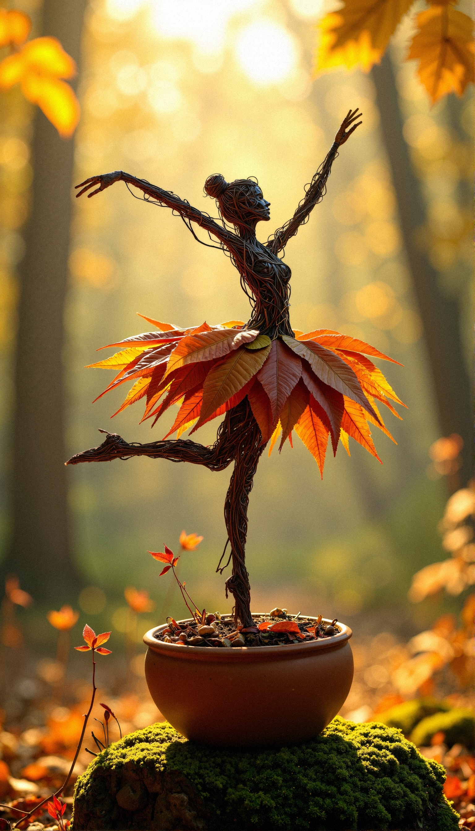 aidmaHyperrealism,
A stunningly intricate twig ballerina, a tiny handcrafted figure brought to life by nature, stands poised on a mossy terracotta pot, arms extended in perfect symmetry as if conducting the rhythm of the wind. Her body is sculpted from intertwining twigs, each curve forming an elegant silhouette, while her delicate leaf-skirt flutters as if caught in an invisible breeze. The leaves—shades of russet, ochre, and fiery crimson—are meticulously layered, their crisp edges curling like the petals of a blooming flower. Small acorns, pinecone fragments, and scattered berries weave into her form, adding a touch of forest magic and intricate detailing. The background is an impressionistic masterpiece of blurred autumn foliage, where sunbeams filter through the trees, casting golden streaks across the dreamy woodland setting. The overall atmosphere is a poetic fusion of delicate craftsmanship, surreal woodland enchantment, and the ephemeral beauty of autumn personified in a single, graceful moment of dance.
 <lora:aidmaHyperrealism-FLUX-v0.3:0.5> <lora:FluxDFaeTasticDetails:0.3>
