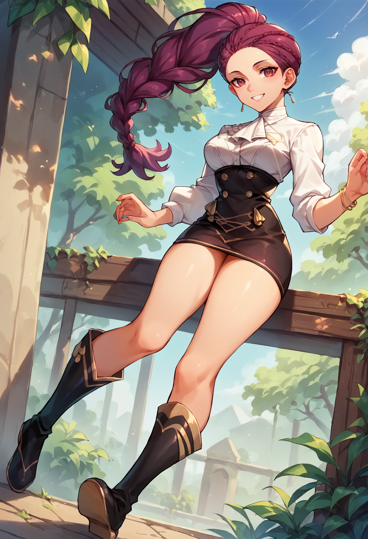 score_9, score_8_up, score_7_up,  <lora:Petra-pdxl:1> ,petra-gmu, braid, side ponytail, high ponytail, gold trim,  high waist skirt, knee boots,  white shirt, smile, single braid,