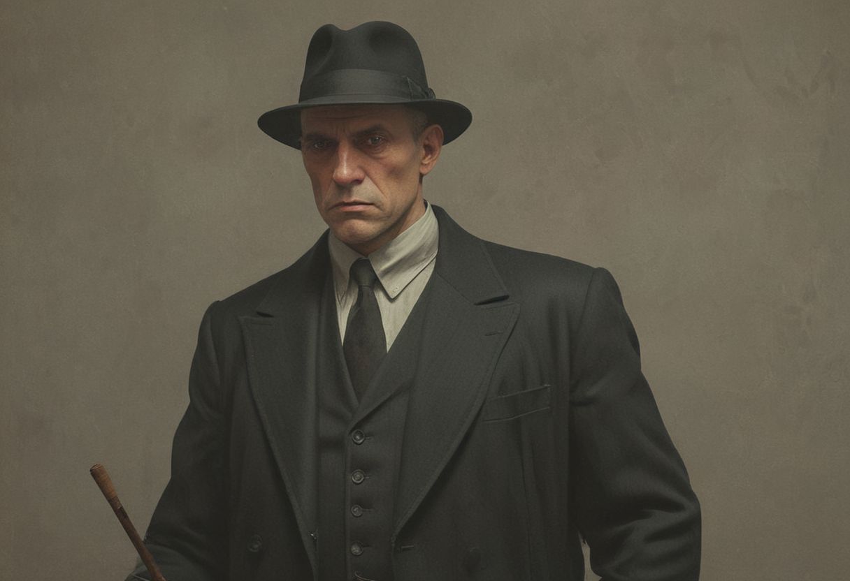 1920s mobster holding a club while wearing a 3 piece black suit and Black Bowler Derby Hat Short Rolled Brim Fedora Hat,  Vibrant (George Tooker) and (Simon Stalenhag) and (Holly Andres) book cover style.
Title: "The Closer".
Life-like details.
Cinematic. Dramatic. Dynamic. 
Pristine Aesthetic.
Enigmatic.
Emotionally Moving.
Moody.
Extremely refined lines and and shapes.
Extremely refined details on objects.
Sharp details.
Complementary colors.
Many details everywhere. Ray-Tracing. Anti-Aliasing. Realistic soft shadows. Low saturation colors. Insane quality. Insane resolution. Insane details. Masterpiece. 32k resolution.