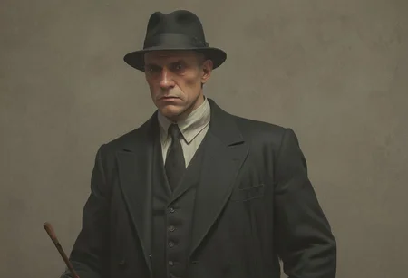 1920s mobster holding a club while wearing a 3 piece black suit and Black Bowler Derby Hat Short Rolled Brim Fedora Hat,  Vibrant (George Tooker) and (Simon Stalenhag) and (Holly Andres) book cover style.
Title: "The Closer".
Life-like details.
Cinematic. Dramatic. Dynamic. 
Pristine Aesthetic.
Enigmatic.
Emotionally Moving.
Moody.
Extremely refined lines and and shapes.
Extremely refined details on objects.
Sharp details.
Complementary colors.
Many details everywhere. Ray-Tracing. Anti-Aliasing. Realistic soft shadows. Low saturation colors. Insane quality. Insane resolution. Insane details. Masterpiece. 32k resolution.