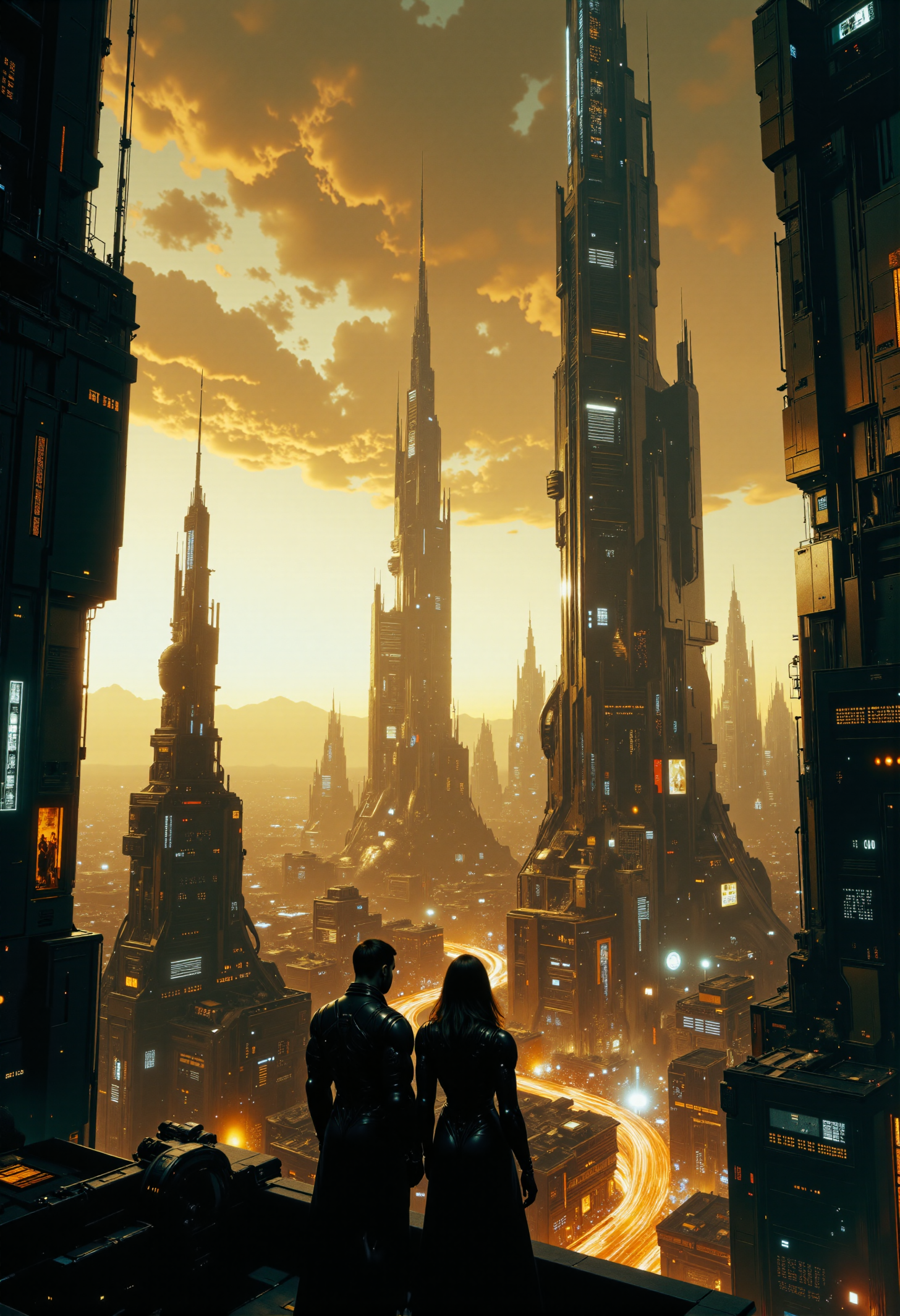 highest details, ultra hyper realism. highly detailed and realistic. intricate and highly professional artwork, an absolute masterpiece.
This is a high-quality CGI artwork featuring a futuristic cityscape with colossal towering skyscrapers at dusk. The scene is bathed in a soft, ambient light, creating a serene yet vibrant atmosphere. The camera angle is a low, wide shot, capturing the expansive view from a rooftop. In the foreground, a man and a woman stand next to each other, silhouetted against the city lights. The woman has long, flowing hair, and the man is dressed in a dark jacket and pants. The skyscrapers reach high into the sky and are adorned with a flood of glowing lights, neon signs, and holographic advertisements, adding a cyberpunk aesthetic. The background sky is a gradient of deep Satin Sheets Gold and Amber Brown, enhancing the futuristic feel. Atmospheric haze and motion blur. The overall aesthetic quality is very high, with detailed textures and a visually striking composition.
<lora:artilands_v02_epoch_6:1>