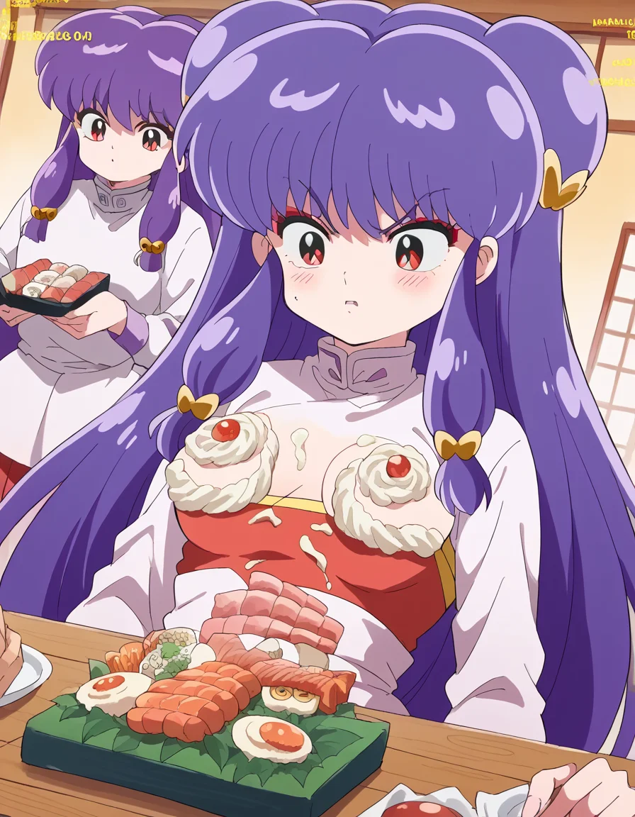 score_9, score_8_up, score_7_up, source_anime, <lora:shampoo-leak-ponyxl-lora-nochekaiser:1>, shampoo, shampoo (ranma 1/2), long hair, hair ornament, red eyes, purple hair, hair bun, double bun,, <lora:nyotaimori-ponyxl-lora-nochekaiser:1>, nyotaimori, sashimi, food on body, sushi, wasabi, soy sauce, cream, whipped cream, food on breasts, food, cream on body, thighs,, indoors, table, on back, on table, blush,, , cowboy shot, dutch angle