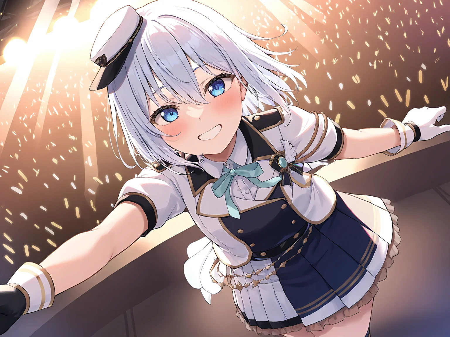 masterpiece,newest,absurdres,best quality,1girl,solo,kurata mashiro,kurata mashiro idol cloth,white hair,short hair,blue eyes,skirt,gloves,hat,outdoors,<lora:Kurata Mashiro3:0.4>,concert,