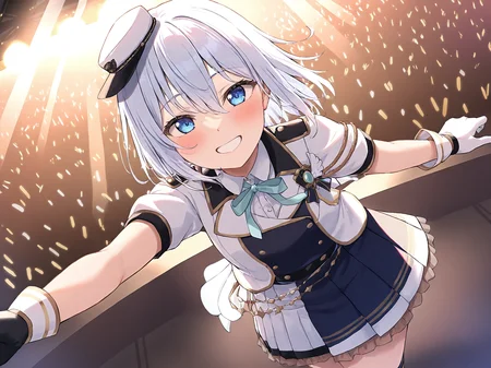 masterpiece,newest,absurdres,best quality,1girl,solo,kurata mashiro,kurata mashiro idol cloth,white hair,short hair,blue eyes,skirt,gloves,hat,outdoors,<lora:Kurata Mashiro3:0.4>,concert,