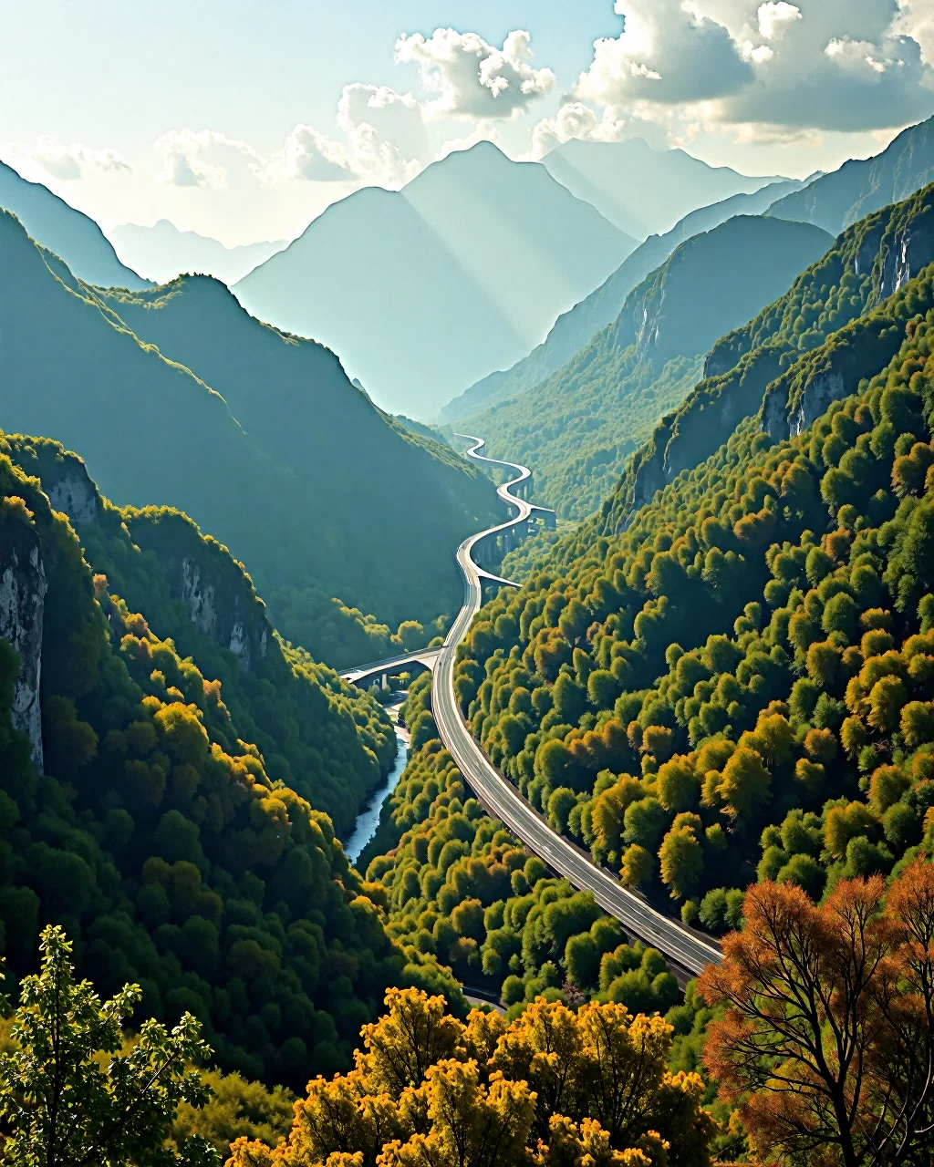 RAW photo of a breathtaking landscape featuring Illam, with a winding highway in the background disappearing into the distance. The foreground is dominated by a brilliant, lush forest with vibrant greens and subtle hints of autumnal colors. The scene is captured using Ilford HP5 film, enhanced with L USM for sharp clarity. The composition is fine and artistic, with a dynamic and elaborate design that flows seamlessly, creating a magical atmosphere. The image is highly complex, with extremely stylish elements and rich detail throughout, ensuring coherence and perfect composition. The colors are fabulous, with a harmonious blend that enhances the overall visual impact.