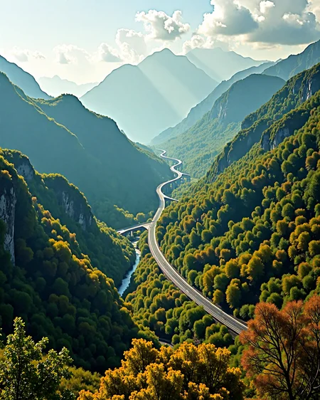 RAW photo of a breathtaking landscape featuring Illam, with a winding highway in the background disappearing into the distance. The foreground is dominated by a brilliant, lush forest with vibrant greens and subtle hints of autumnal colors. The scene is captured using Ilford HP5 film, enhanced with L USM for sharp clarity. The composition is fine and artistic, with a dynamic and elaborate design that flows seamlessly, creating a magical atmosphere. The image is highly complex, with extremely stylish elements and rich detail throughout, ensuring coherence and perfect composition. The colors are fabulous, with a harmonious blend that enhances the overall visual impact.