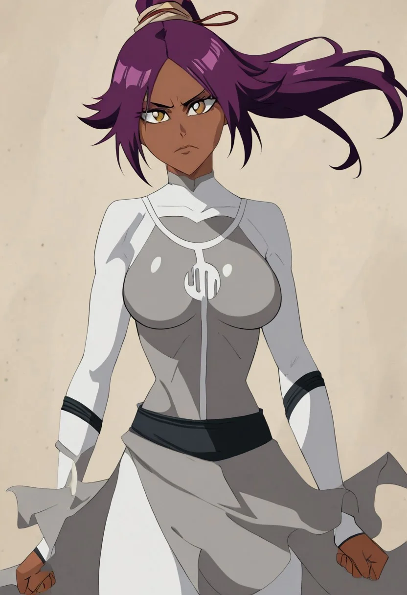 masterpiece, best quality, newest, absurdres, highres, anime, anime style, VILTFit-V1.0-Withemblem, VILTemblem-V1.0, bodysuit, white bodysuit,
1girl, shihouin yoruichi \(bleach\), dark-skinned female, yellow eyes, ponytail, Purple hair,