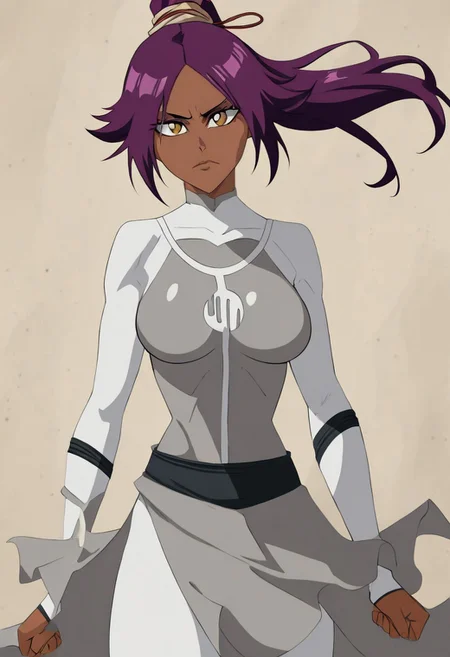 masterpiece, best quality, newest, absurdres, highres, anime, anime style, VILTFit-V1.0-Withemblem, VILTemblem-V1.0, bodysuit, white bodysuit,
1girl, shihouin yoruichi \(bleach\), dark-skinned female, yellow eyes, ponytail, Purple hair,