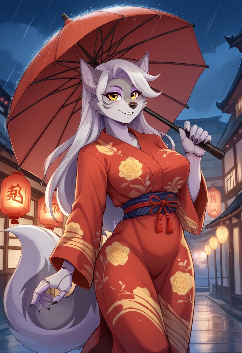 <lora:Scappo_Style_v2_PonyXL:0.8> by scappo, scappo,  score_9, score_8_up, score_7_up, Roxymayosplash, 1girl, solo, anthro wolf, long hair, silver hair, Green bangs, yellow eyes , grey fur, big breasts , big ass, tattoo, robot joints, BREAK,  cute, cute dress, cute pose, Chinese yukata, beautiful yukata, gorgeous patterns on clothes, looking at viewer, holding traditional chinese umbrella, standing under umbrella, night, rain, chinese village background,