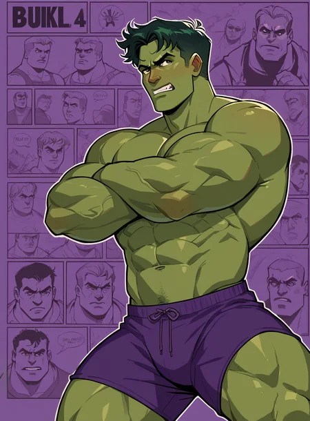 score_9, score_8_up, score_7_up, bullypxl, <lora:bullypxl:0.7>, purple background, the hulk, rage, veins, muscular, marvel, purple shorts, black hair, short hair, hulk smash, comic wallpaper,