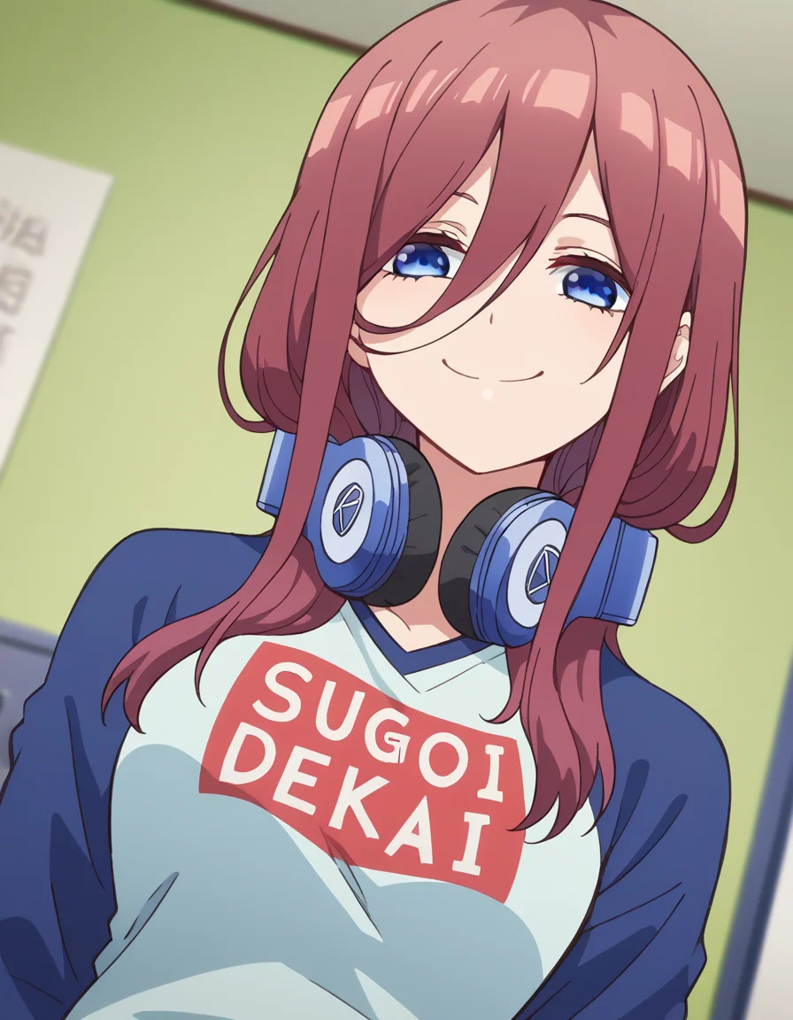 score_9, score_8_up, score_7_up, source_anime, mikunakano, <lora:miku-nakano-s1-ponyxl-lora-nochekaiser:1>, miku nakano, long hair, bangs, blue eyes, brown hair, hair between eyes, headphones, headphones around neck,, <lora:sugoi-dekai-ponyxl-lora-nochekaiser:1>, sugoi dekai, clothes writing, raglan sleeves, t-shirt, denim, denim skirt,, indoors, smile, smug,, cowboy shot, dutch angle,